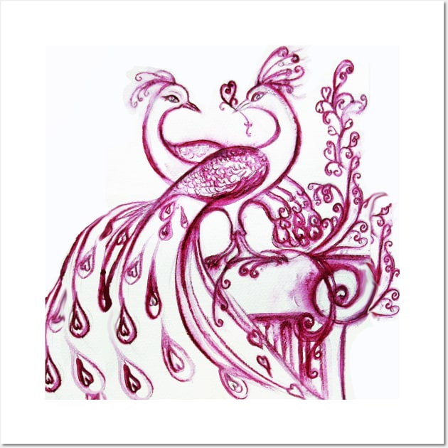 PEACOCKS IN LOVE Pink Purple White Hues Wall Art by BulganLumini